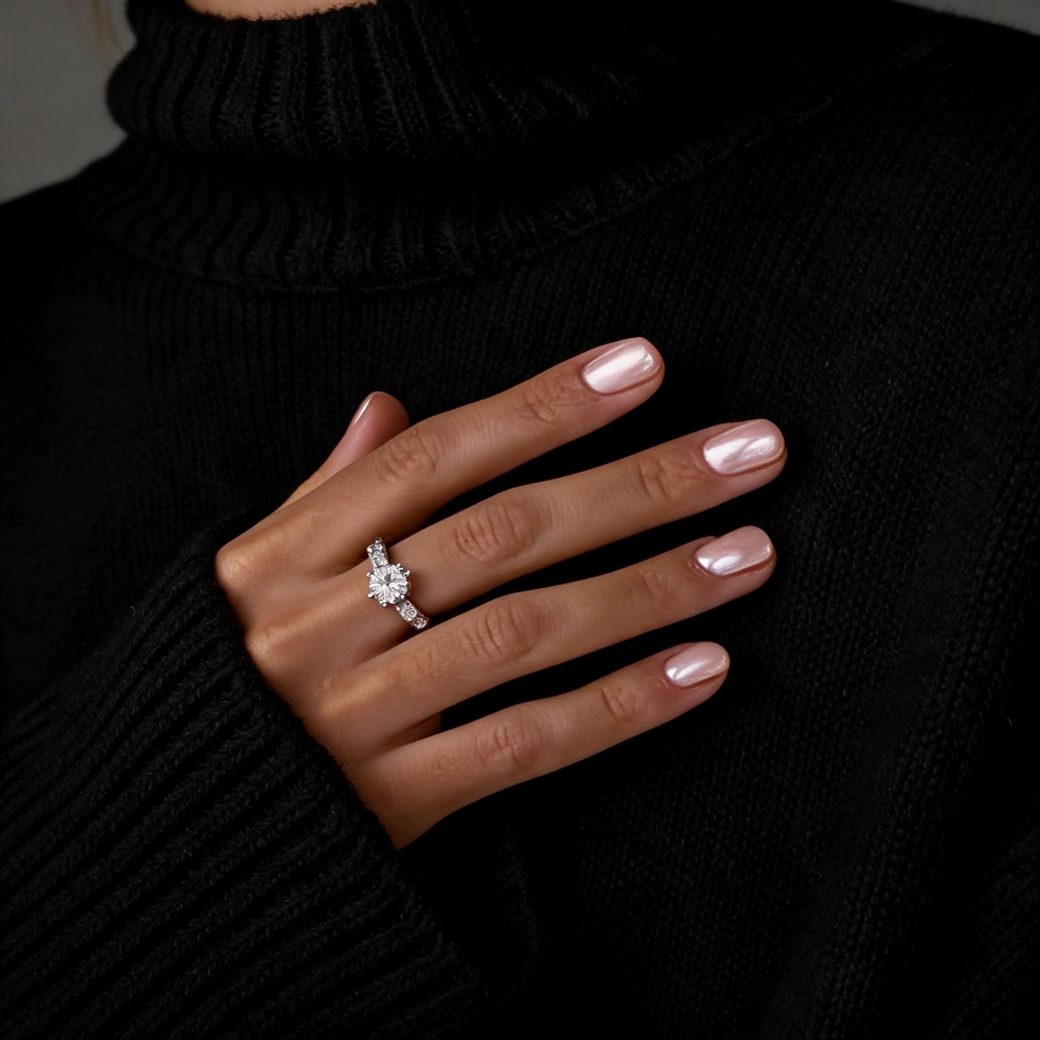 Close-up of a hand wearing a diamond ring and showing off a metallic pink manicure against a black sweater. (AI-generated image)