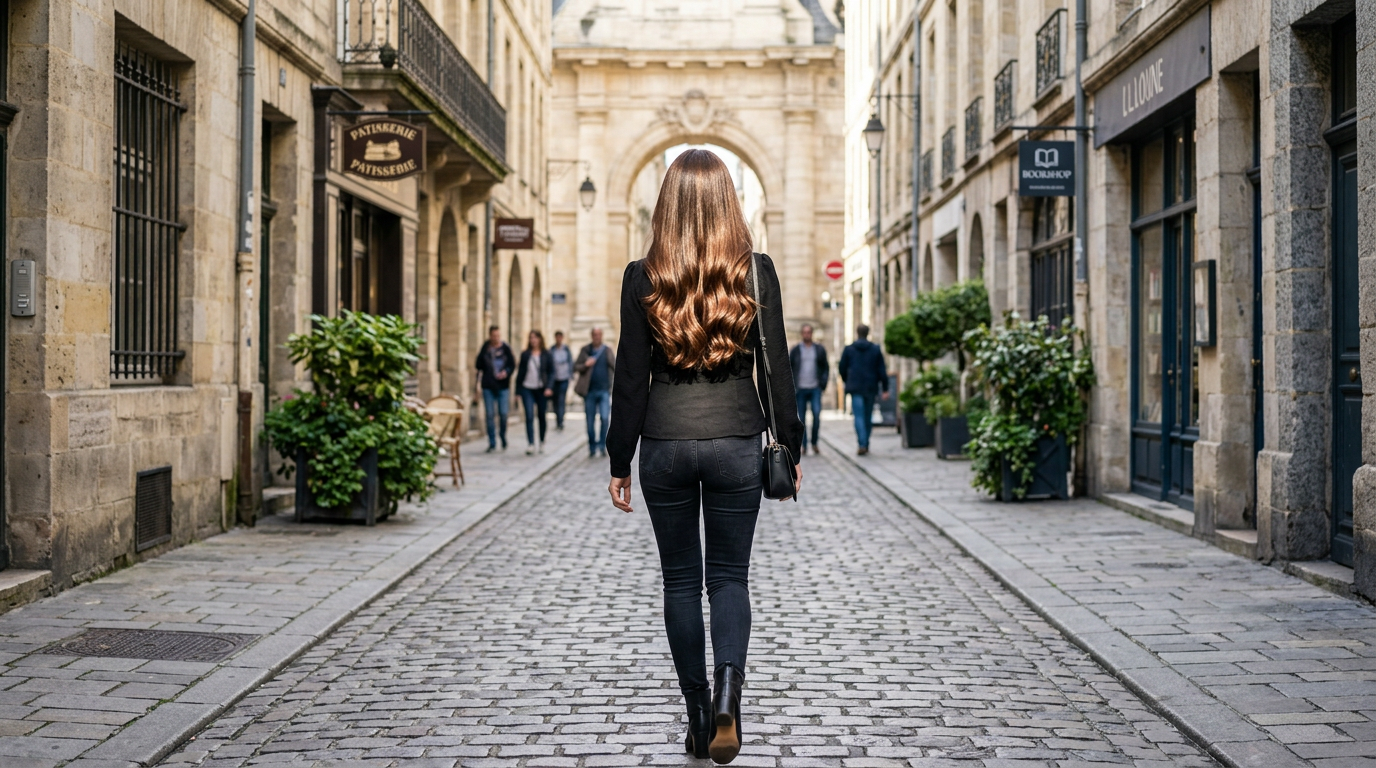 Woman with long, wavy, chestnut-brown hair walking down a European street. (AI-generated image)
