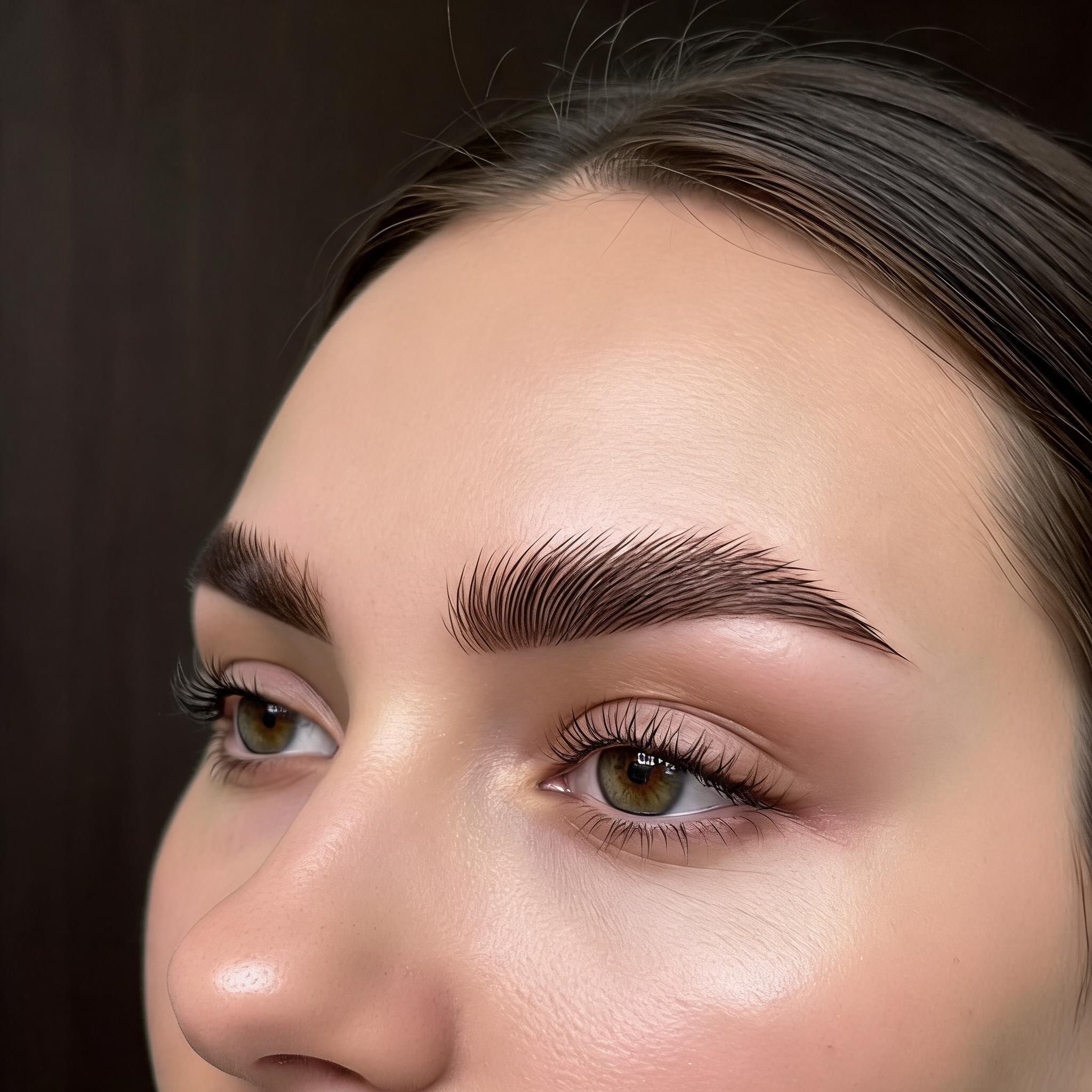 Close up of a woman’s dark eyebrow lamination with natural curl and definition, part of a beauty service description. (AI-generated image)