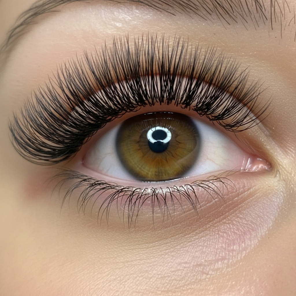 A brown eye with full, long black volume eyelash extensions after a beauty treatment.